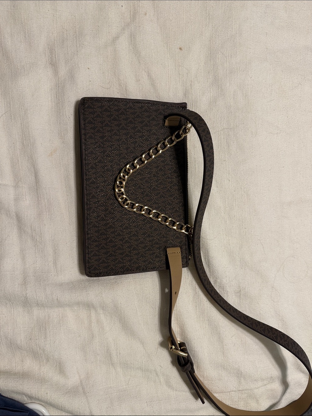 MK Brown Patterned belt Bag with Gold Chain Strap